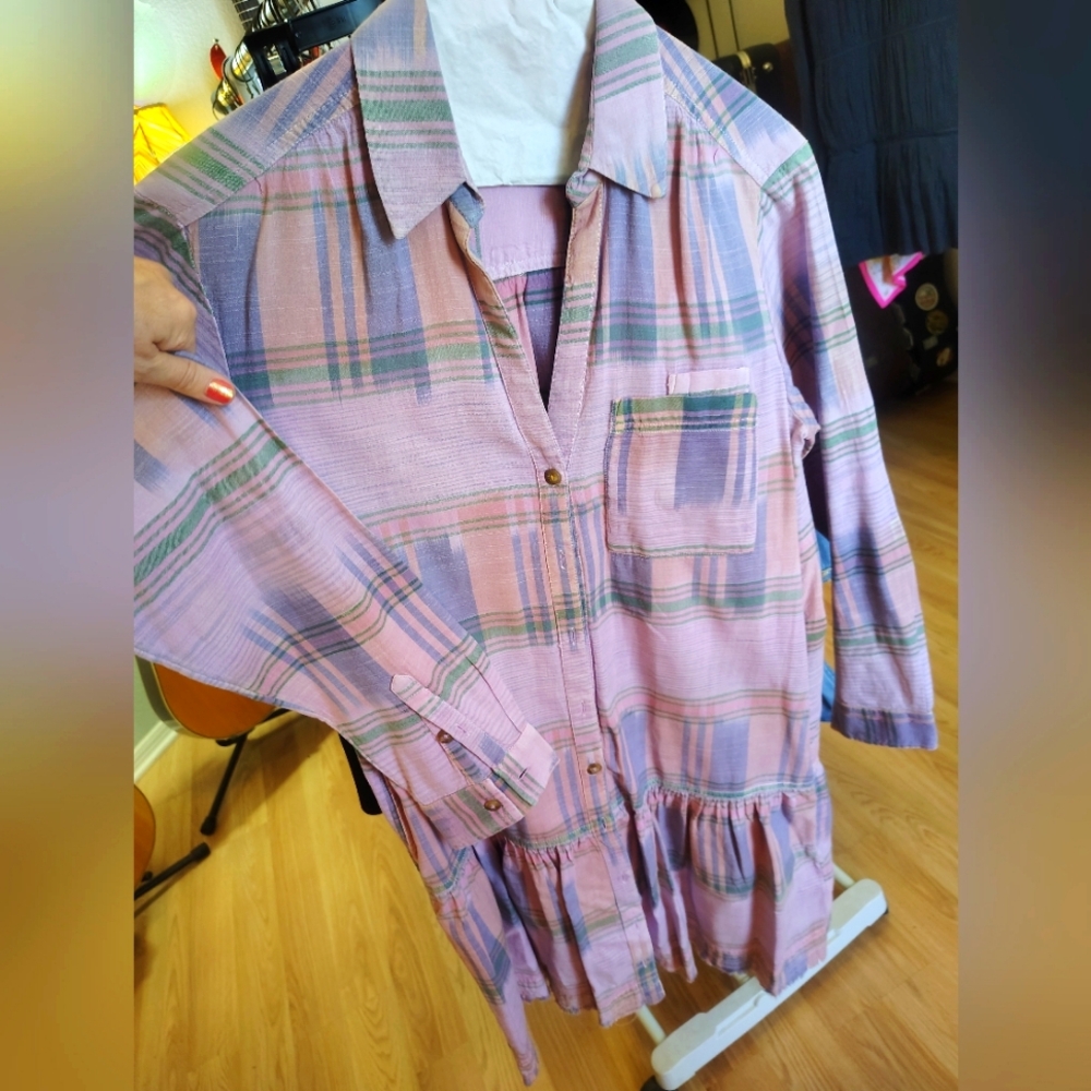 Pilcro Lavender Pink Plaid Long Sleeve Midi Shirt Dress